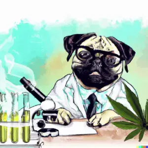 DALL·E 2023-03-21 11.21.55 - realistic pug as a cannabis scientist in a lab
