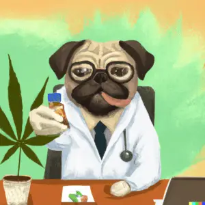DALL·E 2023-03-21 13.58.49 - realistic pug as a cannabis doctor giving medicine to a patient in a clinic